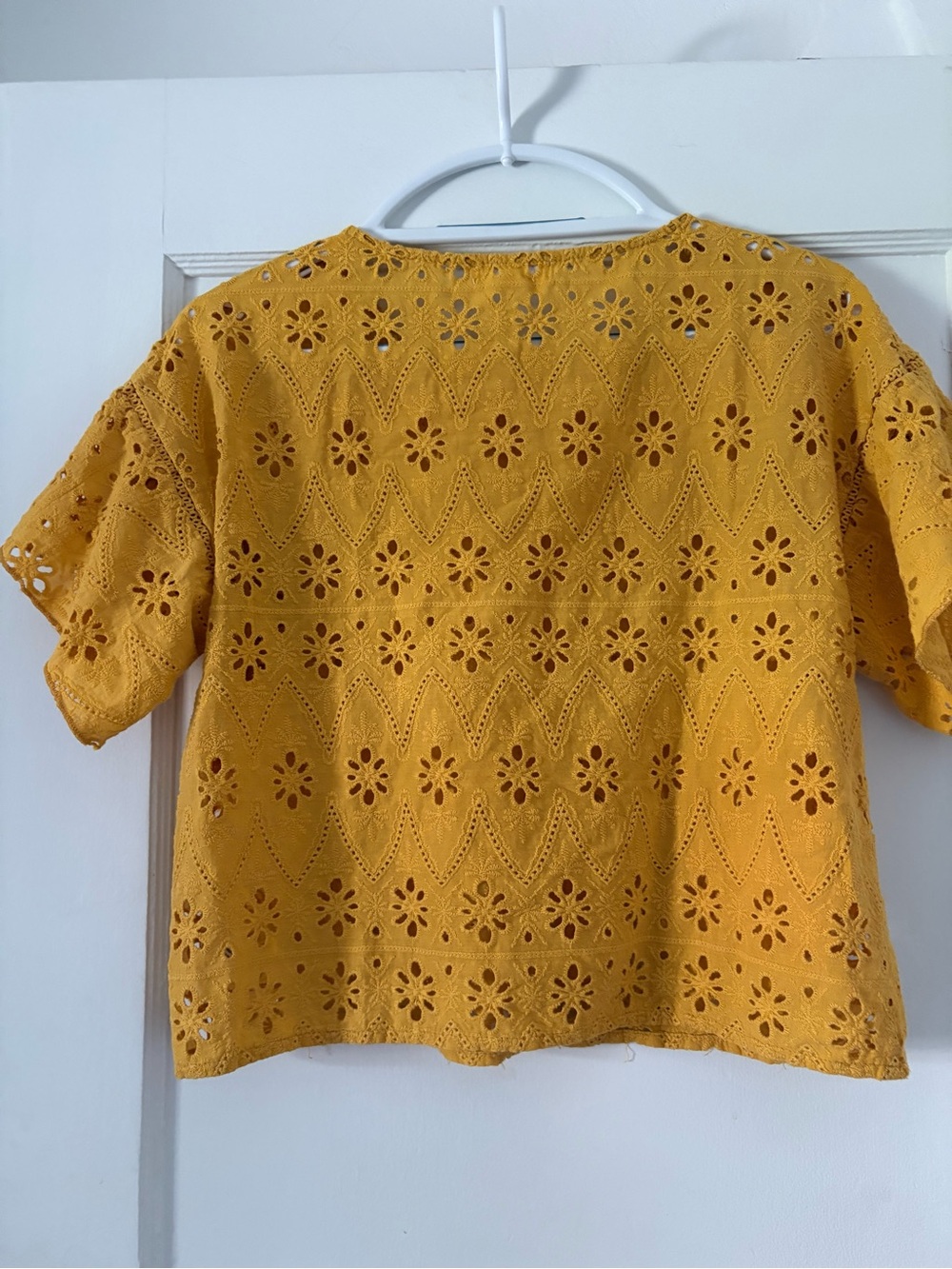 Mustard Yellow Eyelet Lace Short Sleeve Top - Women's